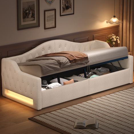 MEUBLIV Lit / cadre de lit 90x200 cm beige – LED, rangement sous le lit, sans matelas (1/5)