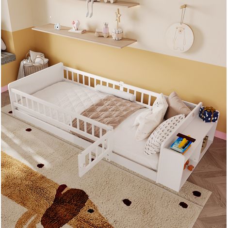 Lit enfant 90x200 avec rangements en pin blanc HAVRYA (1/5)