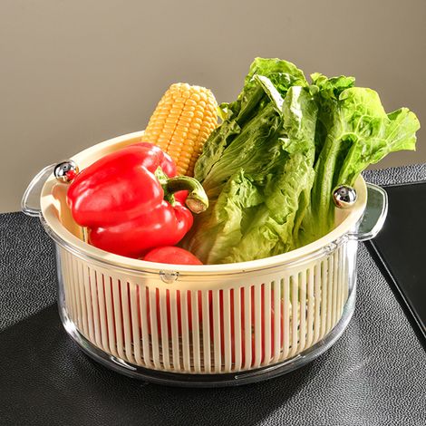 Passoire Légume Bowl avec Douche Rotative Double Plateau Drainage Égouttoir Fruits Vegetables Blanc PET (1/5)