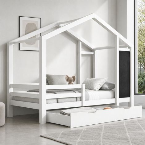 Letto a casetta 90x200 cm in legno e MDF bianco con 2 cassetti per bambini - MEUBLIV (1/5)
