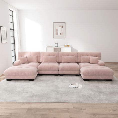 Sofá modular en U de chenilla rosa, 4 plazas, con otomana móvil HAVRYA (1/5)