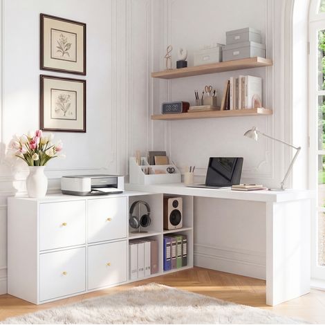 Bureau - 4 tiroirs - bureau intégré - rangements intégrés - mdf - dispositif anti-basculement - pivotant à 360° - pratique - blanc (1/5)