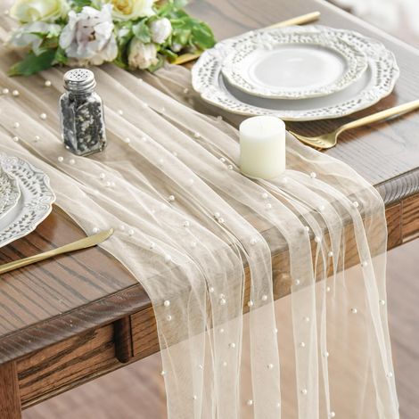 Chemin de Table en Tulle Perlé Beige 70x300 cm (1/5)