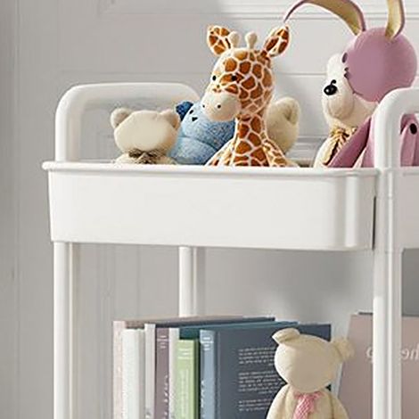 Chariot roulant en plastique blanc à 2 niveaux avec crochet, stable et mobile, idéal pour le salon, la chambre et la cuisine. (1/5)