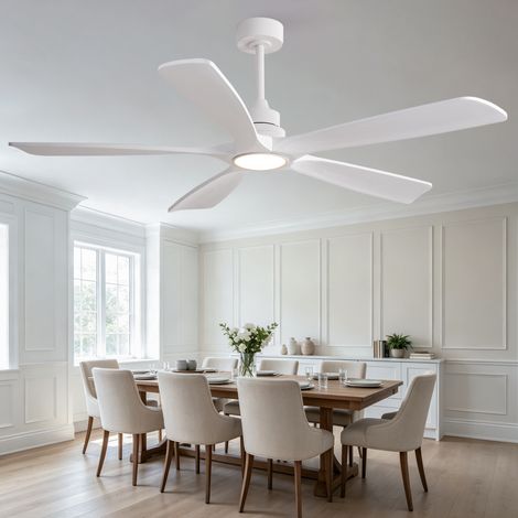 Ventilador de techo de 60 pulgadas, 5 aspas de madera maciza, motor de CC silencioso, LED regulable, blanco (1/5)