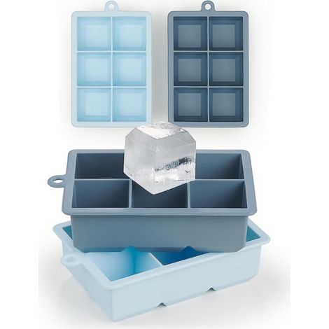 Bacs à glaçons extra larges - Lot de 2 bacs, chacun produisant 6 glaçons XXL - Sans BPA, démoulage facile, compatible lave-vaisselle - Gris/Bleu clair (1/5)