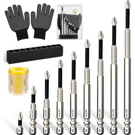 Coffret de 9 porte-embouts magnétiques - 25 à 150 mm - Embouts de tournevis antidérapants - avec anneau magnétique et gants (1/5)
