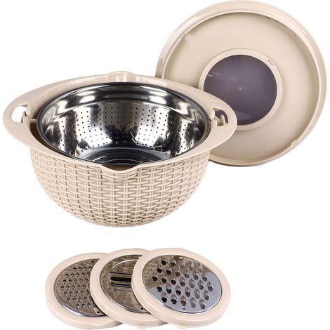 4-in-1-Sieb mit Schneidwerkzeugen, drehbarem Siebeinsatz, 2 Ebenen, Edelstahl, ergonomischem Griff, vielseitig zum Waschen von Gemüse, beige Farbe. (1/5)