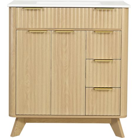 Mueble de baño freestanding de 81 cm con lavabo de cerámica, 3 cajones y doble puerta (1/5)