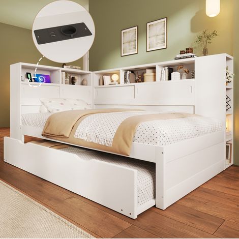Kinderbett 90 x 200 cm mit Ausziehbett, Stauraum und USB, weiß HAVRYA (1/5)