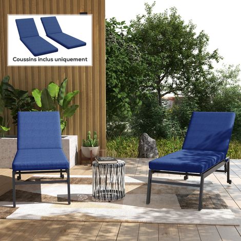 Lot de 2 Matelas pour Chaise Longue transat Bain de Soleil avec Sangles d'attache pour Jardin Bleu