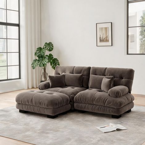 Canapé d'angle convertible en tissu chenille avec ottomans bois (1/5)