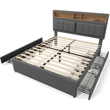 Gepolstertes Doppelbett 140x200 cm grau mit 4 Schubladen, USB-C und verstellbarem Kopfteil (1/5)