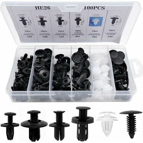 100Pcs Rivet Clips Plastique, Clips Voiture Attaches de Pare Chocs Clips à Rivets, Rivets Plastiques Fixation de Protection avec différentes formes et tailles (1/5)