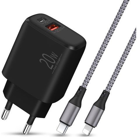 2-Port Chargeur Rapide USB C/A 20W + Câble Lightning 2M Nylon Pour 14/13/12/11/Pro/Max/SE/XR/XS/X/8, iPad avec Port Lightnings, Prise Adaptateur Secteur PD et QC 3.0 (1/5)