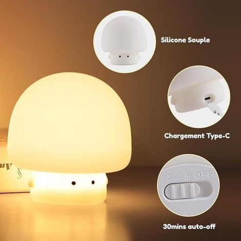 Veilleuse Bébé Sile Souple Rechargeable sans Fils LED Lumière Douce pour Apaiser Décoration (Champignon Beige) Beige VEILLEUSE (1/5)