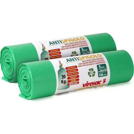 VIROSAC Antispigolo - Sacchetti Robusti E Resistenti, Ideali Per Giardinaggio E Calcinacci Con Laccio Di Chiusura Integrato - 10 Sacchetti Verdi Taglia Xxl, color Verde, 10 Unità (1/4)