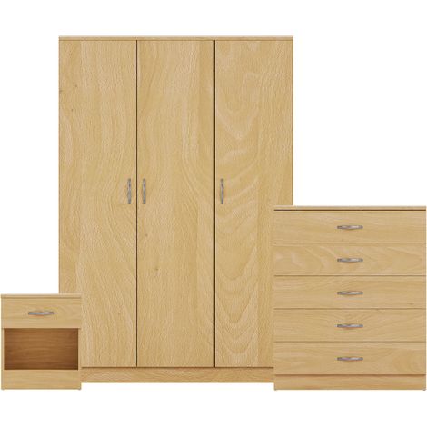 Riano 3 Piece Bedroom Set (1 Drawer Bedside Chest, 5 Drawer Chest, 3 Door Wardrobe), Pine (1/3)