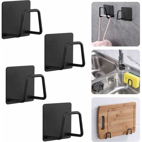 4 Stück Schwammhalter Edelstahl Spülschwamm Haken Sponge Holder Selbstklebend Spülschwammhalter für Spüllappen Topfdeckel Schwarz (1/5)