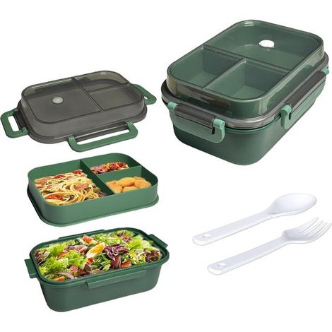 Cette boîte à lunch à deux compartiments est dotée d'une poche intégrée, est étanche et comprend des couverts. Idéale pour le travail, l'école et les pique-niques. (1/5)