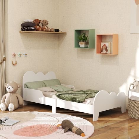 Kinderbett für Kinder ab 3 Jahren, 140 x 70 cm, Wolkenmotiv, mit Schutzgitter, Belastbarkeit 80 kg, Weiß