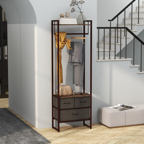 58,5x30x178 cm - Porte-manteaux de couloir doté de 3 tiroirs en tissu et étagère de rangement Brun rustique