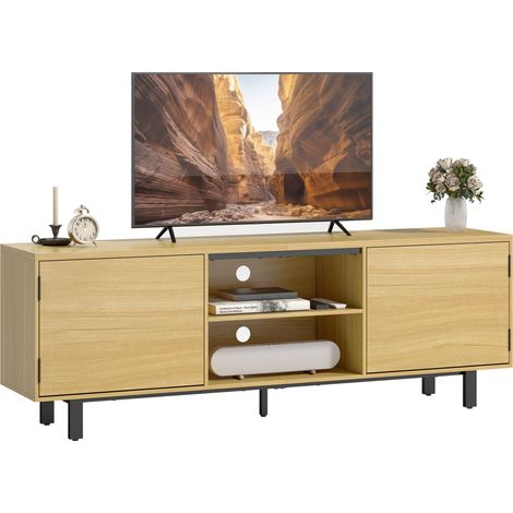 Meuble TV, meuble télé jusqu'à 65 pouces, 2 portes à ouverture par pression et 2 étagères, 160x35x55,5cm, bois naturel