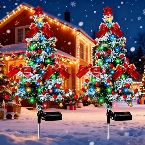 Lampe Solaire Sapin de Noël Exterieure, 2 Pièces Arbres de Noël avec LED Guirlande Lumineuse, Lumière Solaire Jardin Étanche IP65, Décoration pour Cour, Chemins, Pelouse, Terrasse [Classe énergétique 
