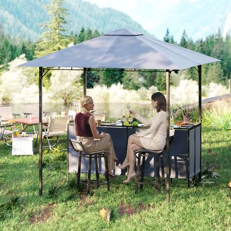 Tonnelle de Bar de Patio en 3 Pièces 245x245CM avec 2 Tabourets de Bar Abri Barbecue Double Toit Table de Bar en Verre Trempé Gris (1/3)