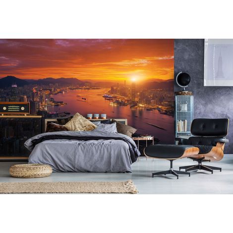 Fototapete Hongkong Stadt bei Nacht, für Wohnzimmer und Schlafzimmer, 200 x 140 cm – Komplettset inkl. Kleister & Anleitung (1/5)