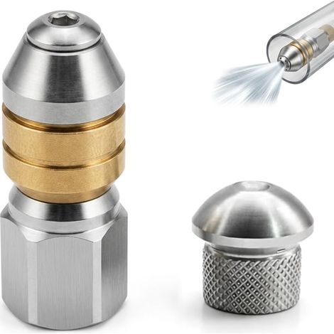 Lot de 2 Buses de Nettoyage Canalisations en Acier Inoxydable Entrée 1/8" Buse Nettoyeur (1 Rigide + 1 Rotative) Déboucheur Canalisation Haute Pression pour Débouchage Tuyau (1/5)