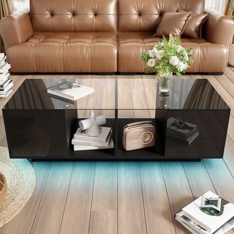 Mesa de centro 120x50x38.5 cm negra en vidrio, MDF y tablero de partículas con LED y almacenaje (1/5)