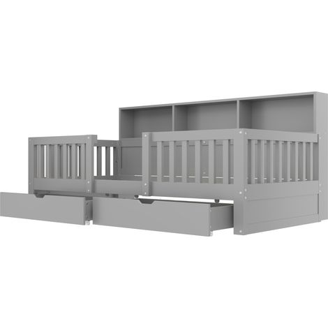 Kinderbett 90 x 200 cm grau mit Sicherheitsbarriere, Schubladen, Regalen und LED (1/5)