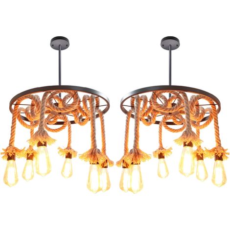 Lustre Suspension Industrielle Rétro en Corde de Chanvre 3 Lumières E27 pour Salon Cuisine Restaurant Bar Ø50cm Noir - 2Pcs (1/4)