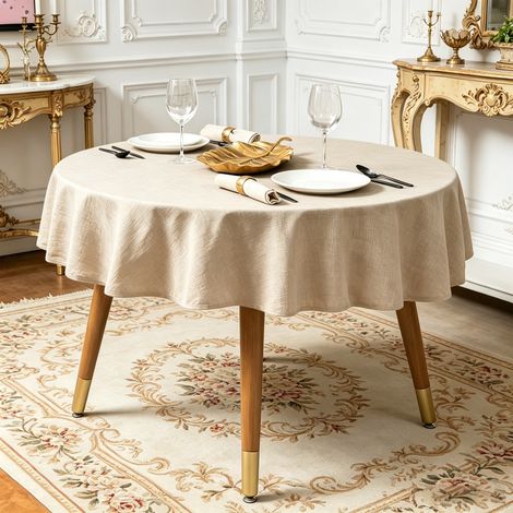 Nappe ronde imperméable et anti-tache 160 cm - Nappe de table beige tendance - Nappe salle à manger moderne en tissu (1/5)