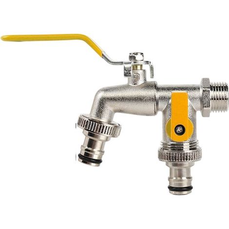 Robinet extérieur double universel - Résistant au gel et à la rouille - Entrée 1/2 pouce et 2 becs 3/4 pouce - Robinet de jardin double avec joint d'étanchéité et raccords de tuyau - Jaune (1/5)