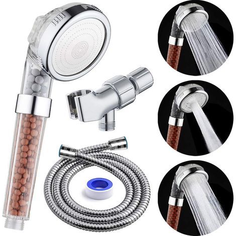 Pommeau de douche ionique avec flexible et support, douchette à main haute pression à économie d'eau avec perles d'énergie anionique, 3 réglages (1/5)