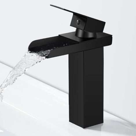 Moderne schwarze Wasserfall-Badezimmerarmatur, Wasserfall-Waschtischarmatur, Waschtischarmatur mit 140 mm Auslaufhöhe, Messing-Badezimmerarmatur, Warm- und Kaltwasseranschluss. (1/4)