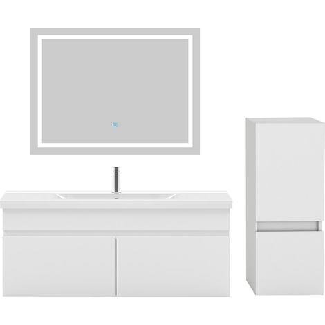Acezanble Ensemble meubles Salle De Bain 100cm vasque et colonne et miroir LED Blanc