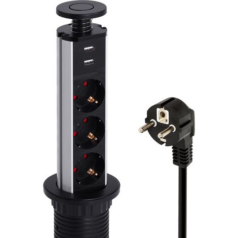 Multiprise escamotable avec 3 prises - Avec USB - Câble de 1,8 m - Pour plan de travail, cuisine, bureau - Diamètre : 60 mm - Noir (1/5)