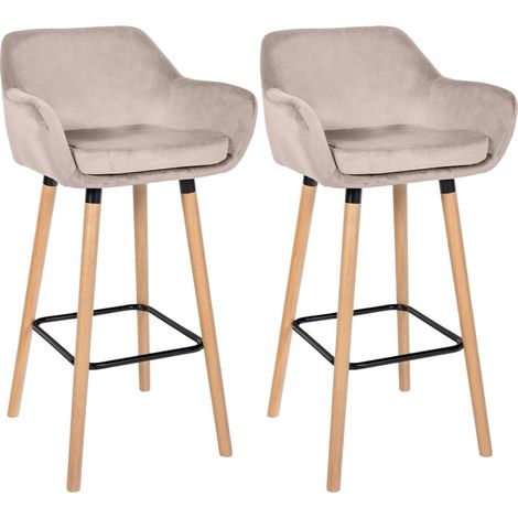 Lot de 2 tabourets de bar design scandinave en velours crème cadre en bois repose-pieds en métal 100006762