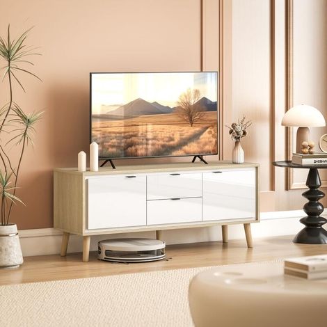 Meuble TV, meuble télé pour jusqu'à 55 pouces, 2 portes à haute brillance, 2 tiroirs silencieux, 120 x 35 x 50 cm, blanc (1/5)