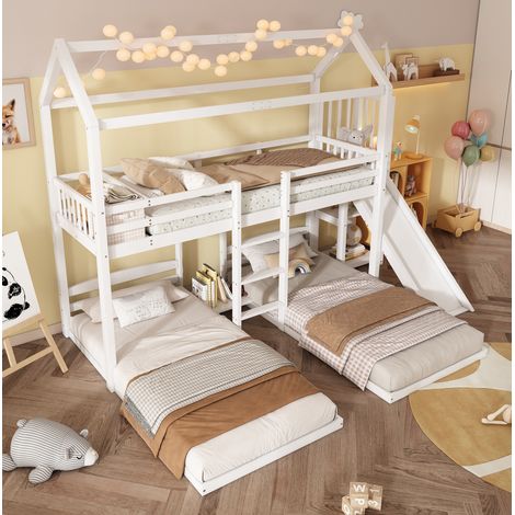 Letto a castello 90x200 cm in legno e MDF bianco, scivolo, per bambini, senza materasso – MEUBLIV (1/5)