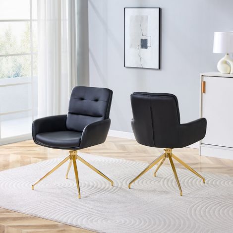 [Lot de 2] Chaises pivotantes luxueuses et élégantes de style européen : revêtement en similicuir (PU) noir et pieds en métal doré  rotation à 360°  vendues par paire, idéales pour les salles à manger (1/5)