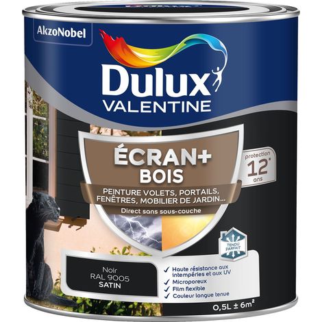 ECRAN+ BOIS - Peinture satinée pour bois extérieur - Volets, portes, fenêtres, portails - Noir 0,5 L - Dulux Valentine