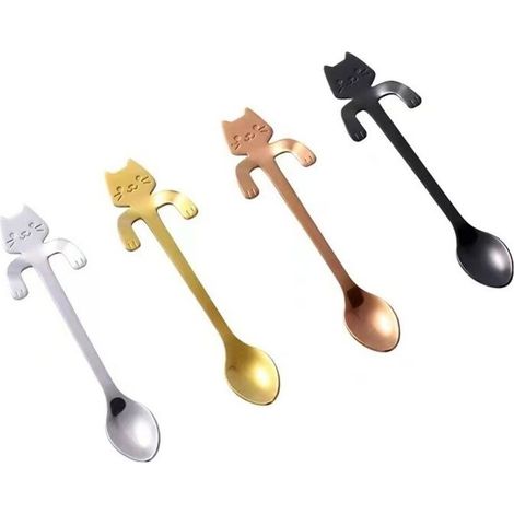 Un ensemble de quatre cuillères à café qui peuvent être suspendues au bord d'une tasse - en acier inoxydable, en forme de chat (Multicolore). (1/5)