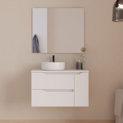 Meuble de salle de bain 80cm avec plateau, vasque à poser déportée à gauche Ares et miroir - 2 tiroirs et un placard - blanc - ZARZA