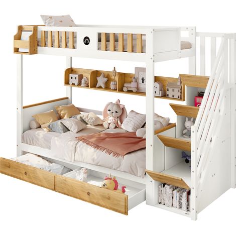 Lit superposé 90x200 avec escalier de rangement, 4 casiers, 2 tiroirs, tableau rond, garde-corps et étagères, blanc et bois clair, pour chambre enfant CHICFURN (1/5)