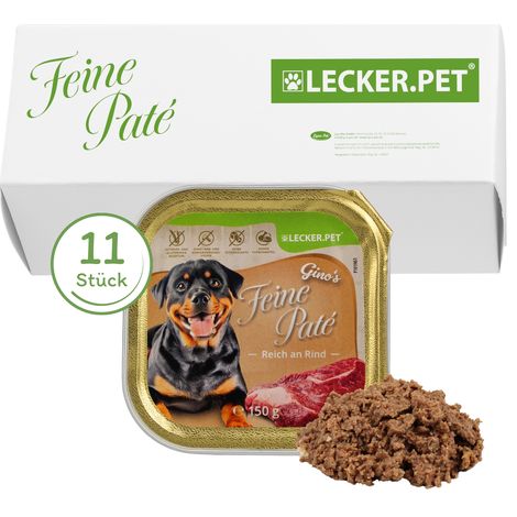 "translations":["text":"11 x 150 g Lecker.Pet® Gino's Feine Paté, riche en bœuf, nourriture humide pour chiens, alimentation complète","detectedsourcelanguage":"DE","taghandlingversion":"v1 (1/5)