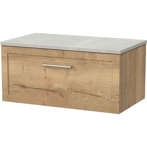 Stonnall Traditional Wall Hung 1 Drawer Vanity Unit with Marble Plaster Laminate Worktop, 800mm, Autumn Oak
